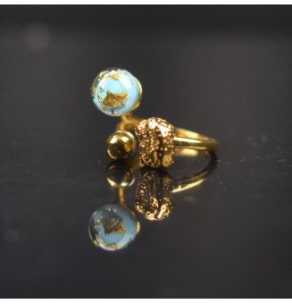 Bague réglable acier inoxydable doré avec perle de verre – Nouveau modèle - bleu et or