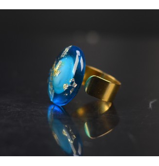 Bague réglable en acier inoxydable doré– Cabochon en verre filé artisanal bleu & vert, feuille d’argent ET OR(pièce unique)