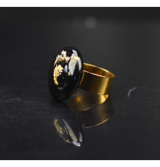réglable en acier inoxydable doré– Cabochon en verre filé artisanal noir et feuille d OR(pièce unique)