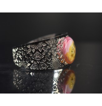 Bracelet Manchette Ajustable avec Cabochon Rose & Feuille d’Or – Pièce Unique en Verre Filé