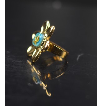 Bague fleur dorée – Cabochon en verre BLEU Et feuille d'or