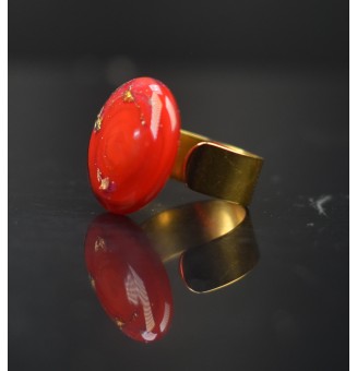 Bague réglable en acier inoxydable Doré– Cabochon en verre filé artisanal ROUGE, feuille d’argent (pièce unique)