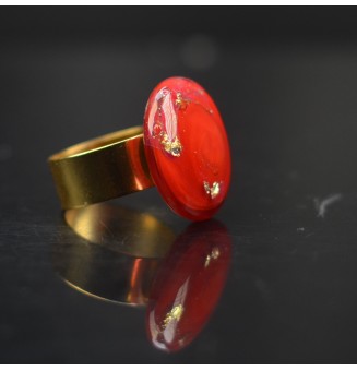 Bague réglable en acier inoxydable Doré– Cabochon en verre filé artisanal ROUGE, feuille d’argent (pièce unique)
