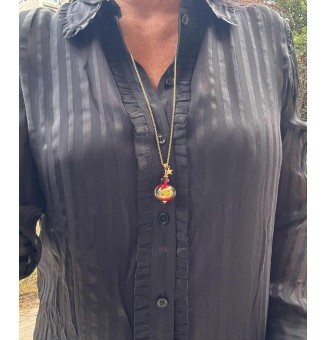 Collier long doré – Perle de verre rouge rubis et feuille d'or & breloque