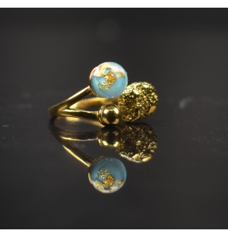 Bague réglable acier inoxydable doré avec perle de verre – Nouveau modèle - bleu et or