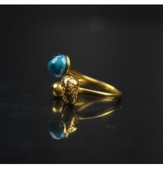 Bague réglable acier inoxydable doré avec perle de verre – Nouveau modèle - bleu et or