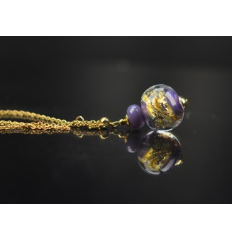 Collier long en perles artisanales en verre filé – VIOLET feuille d’or - ACIER INOXYDABLE doré