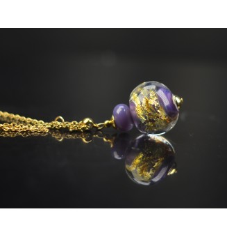 Collier long en perles artisanales en verre filé – VIOLET feuille d’or - ACIER INOXYDABLE doré