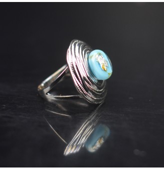 Bague en Verre Filé au Chalumeau "BLEU et feuille d'argent"  - acier INOXYDABLE