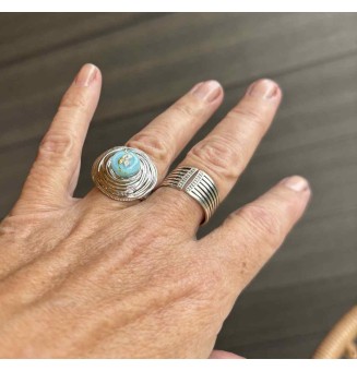 Bague en Verre Filé au Chalumeau "BLEU et feuille d'argent"  - acier INOXYDABLE