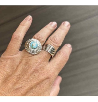 Bague en Verre Filé au Chalumeau "BLEU et feuille d'argent"  - acier INOXYDABLE