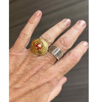 Bague en Verre Filé au Chalumeau "rouge et feuille d'or"  - acier INOXYDABLE