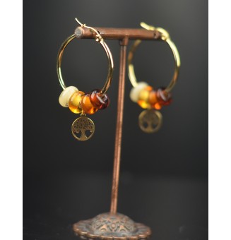 Créoles dorées en perles de verre filé – Dégradé ambré & arbre de vie