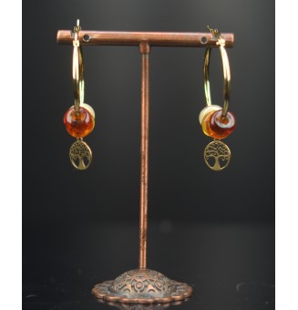 Créoles dorées en perles de verre filé – Dégradé ambré & arbre de vie