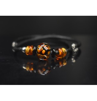 collier LEOPARD 45+3 cm avec perles de verre cuir noir - creation artisanale