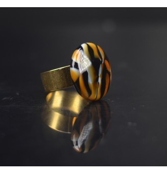 Bague réglable en acier inoxydable Doré– Cabochon en verre filé artisanal LEOPARD (pièce unique)