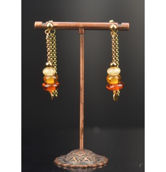 Boucles d’oreilles pendantes double pendant – ambre & acier inoxydable doré