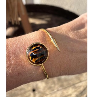 Bracelet pliable en acier inoxydable Doré – Cabochon 20mm "Léopard" en verre filé - pour petits poignets