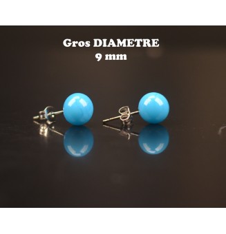 puces d'oreilles Gros diametre, turquoise 9 mm Acier Inoxydable en verre