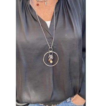 Grand sautoir en acier inoxydable et perles de verre filé – Dégradé ambré