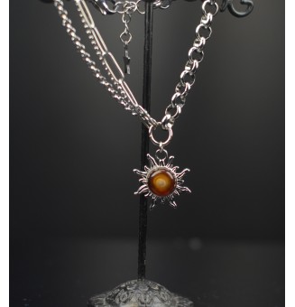 Bracelet multi-chaînes en acier inoxydable & perle de verre filée – Modèle Soleil ambré