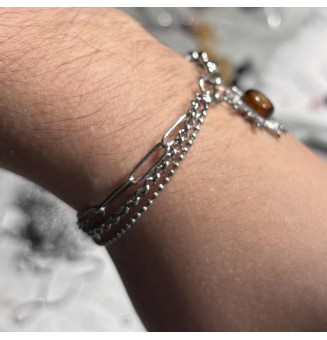 Bracelet multi-chaînes en acier inoxydable & perle de verre filée – Modèle Soleil ambré