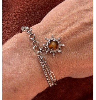 Bracelet multi-chaînes en acier inoxydable & perle de verre filée – Modèle Soleil ambré