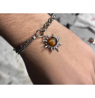 Bracelet multi-chaînes en acier inoxydable & perle de verre filée – Modèle Soleil ambré