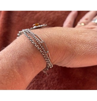 Bracelet multi-chaînes en acier inoxydable & perle de verre filée – Modèle Soleil ambré