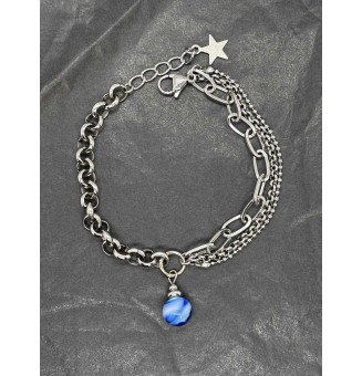 Bracelet multi-rangs en acier inoxydable & perle de verre filé – Bleu