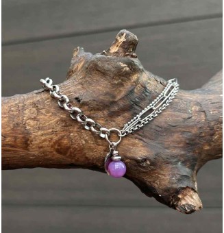 Bracelet multi-chaînes en acier inoxydable & perle de verre – Violet rosé