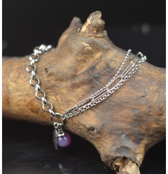 Bracelet multi-chaînes en acier inoxydable & perle de verre – Violet rosé