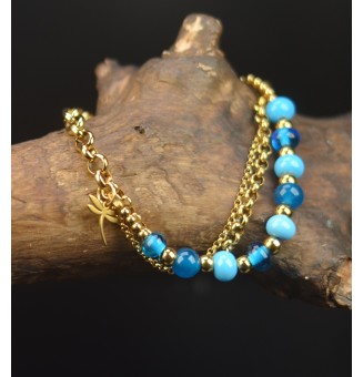 Bracelet Multirangs Doré & Perles de Verre Filé – Modèle Unique - bleu