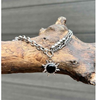Bracelet multi-chaînes en acier inoxydable & perle de verre filée – Modèle Soleil NOIR