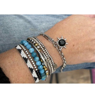Bracelet multi-chaînes en acier inoxydable & perle de verre filée – Modèle Soleil NOIR