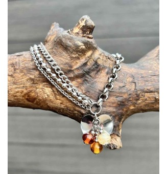 Bracelet multi-chaînes en acier inoxydable & perle de verre filée – Modèle COEUR AMBRE