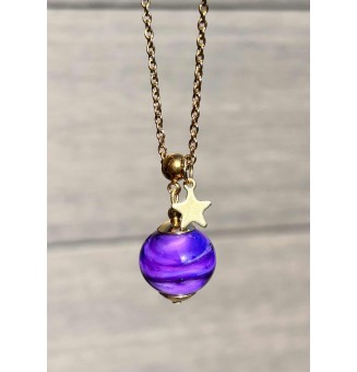 Collier court en acier inoxydable doré & perle de verre VIOLET  – Création artisanale