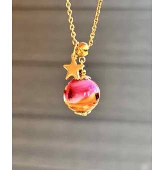 Collier court en acier inoxydable doré & perle de verre ROSE et AMBRE – Création artisanale