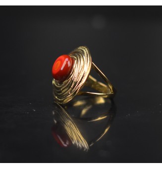 Bague en Verre Filé au Chalumeau "Rouge orange"  - acier INOXYDABLE doré