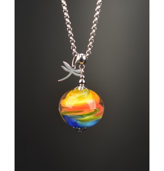 Collier "multicolore" en Perles de Verre et acier inoxydable, breloque LIBELLULE