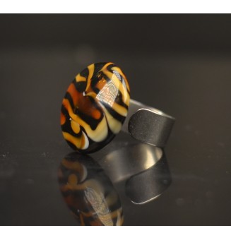 Bague cabochon léopard en verre filé – Acier inoxydable réglable