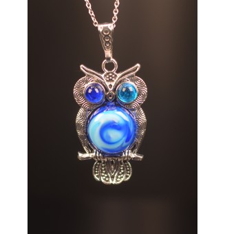collier hibou 50+ 3 cm "DIVERS BLEUS" perles de verre filé au chalumeau
