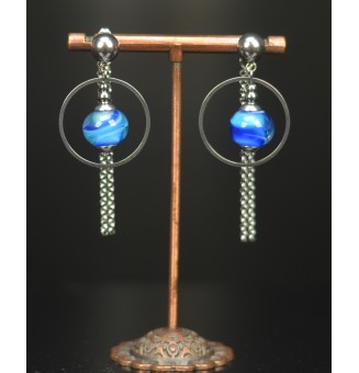 Boucles d’oreilles “BLEUES” en verre filé à double pendants – Élégance artisanale - Acier inoxydable