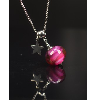 Collier "rose et violine" en Perles de Verre et acier inoxydable 72 cm