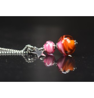 Collier "rose et caramel" en Perles de Verre et acier inoxydable 72 cm