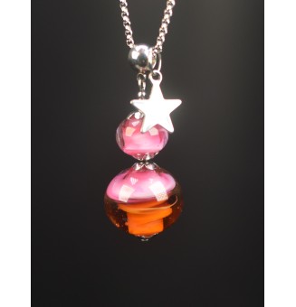 Collier "rose et caramel" en Perles de Verre et acier inoxydable 72 cm