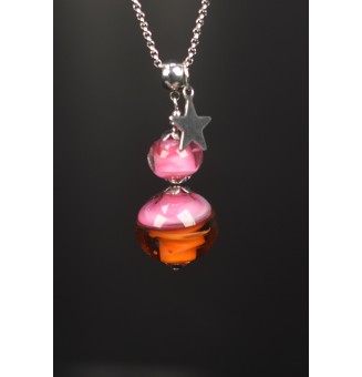 Collier "rose et caramel" en Perles de Verre et acier inoxydable 72 cm