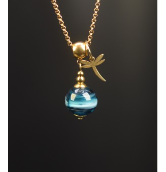 Collier court doré bleu pétrole – Perle de verre artisanale 1,45 cm