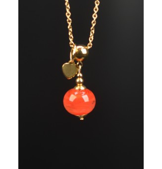 Collier court perle rouge & cœur – Acier inoxydable doré et verre filé