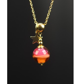 Collier court en perle de verre filé rose et caramel – Acier inoxydable doré – 43 cm + 3 cm